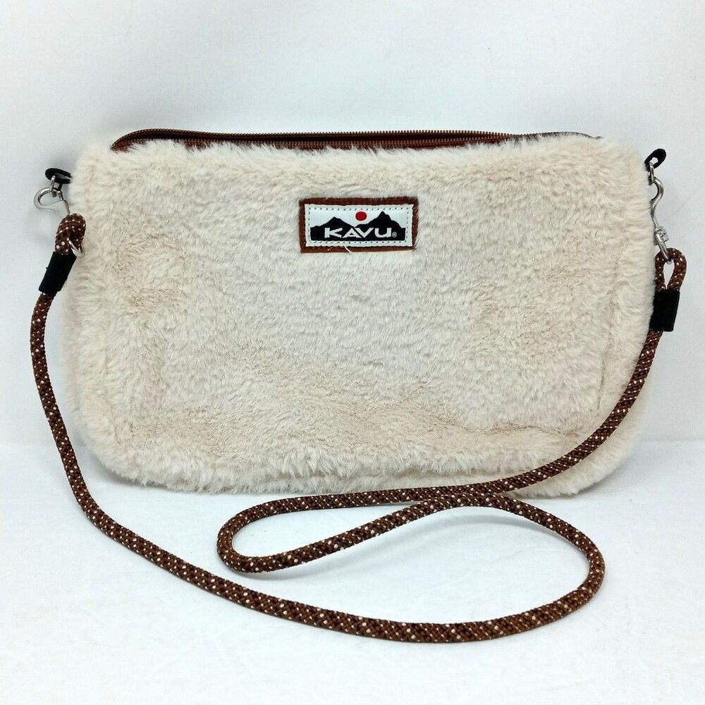KAVU Faux Fur Fleece Crossbody Bag with Rope Strap Pouch Purse Pocketbook